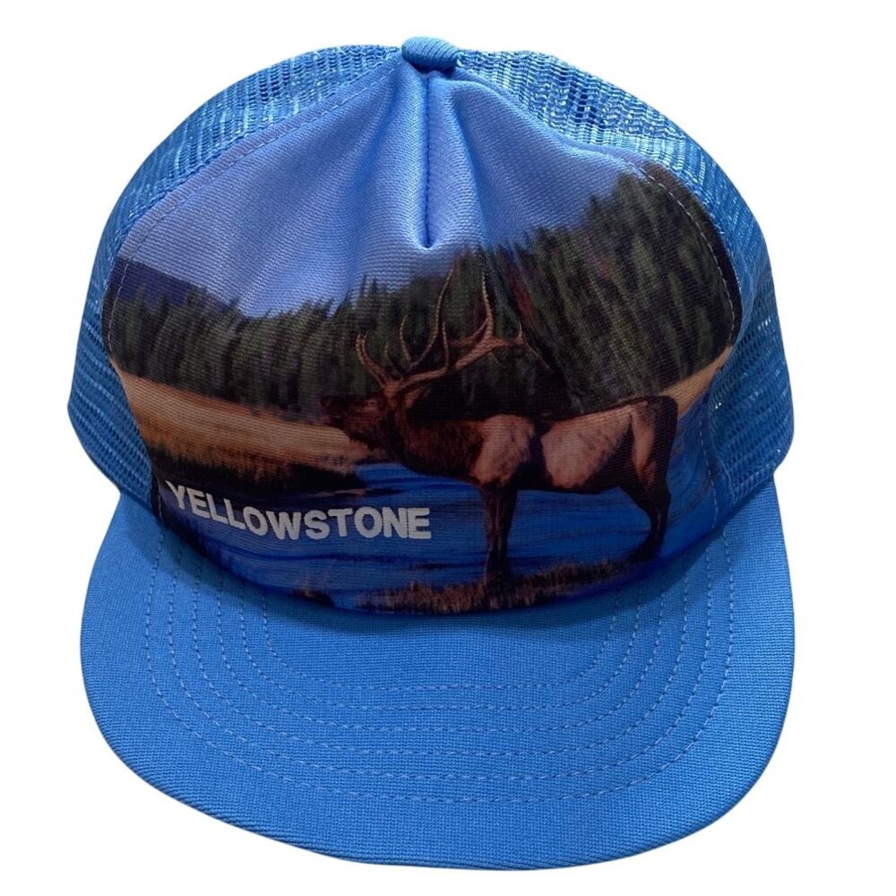 Vintage Yellowstone National Park Trucker Hat Elk Scenic Blue Mesh Snapback